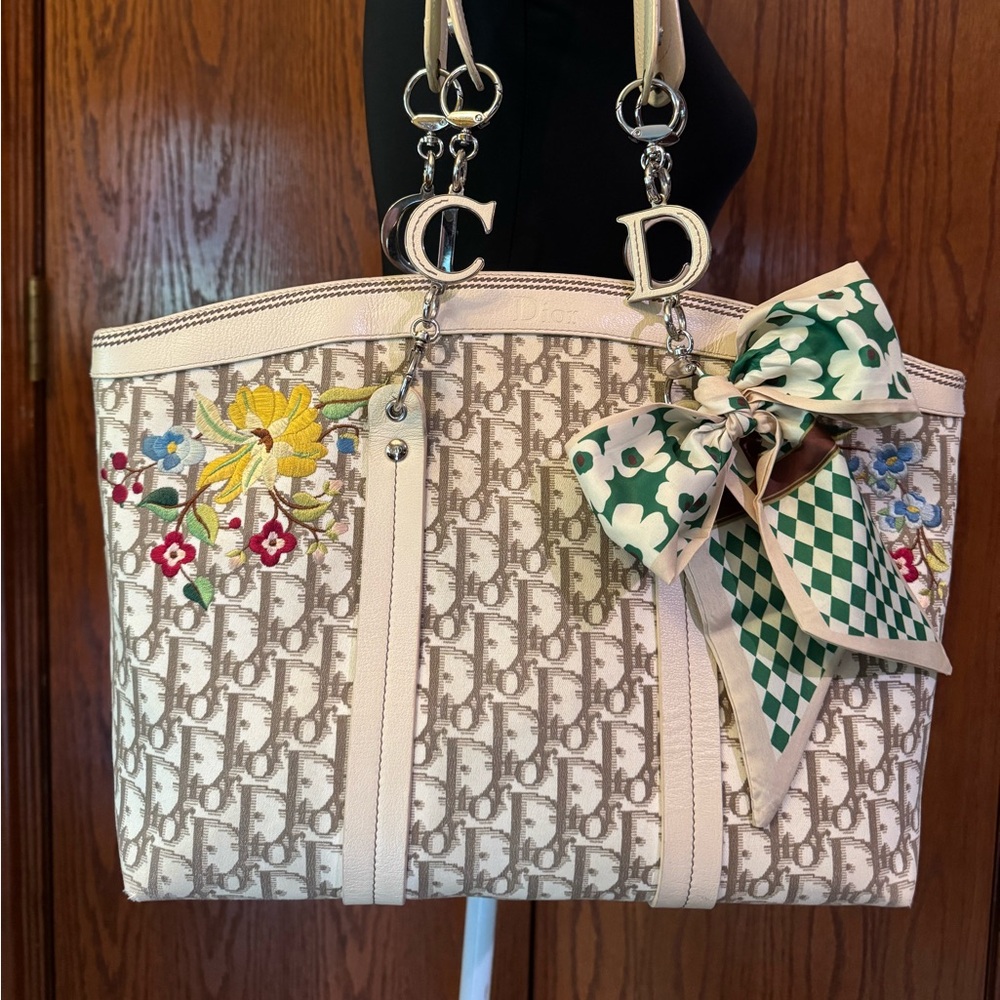 Vtg Authentic Christian Dior Troter Embroidered Diorissimo Canvas Tote Bag